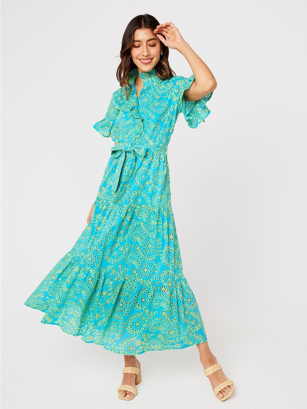NWT Abbey Glass Sadie Maxi Dress Teal and Chartreuse Jasmine Eyelet Sz XL - Picture 2 of 15